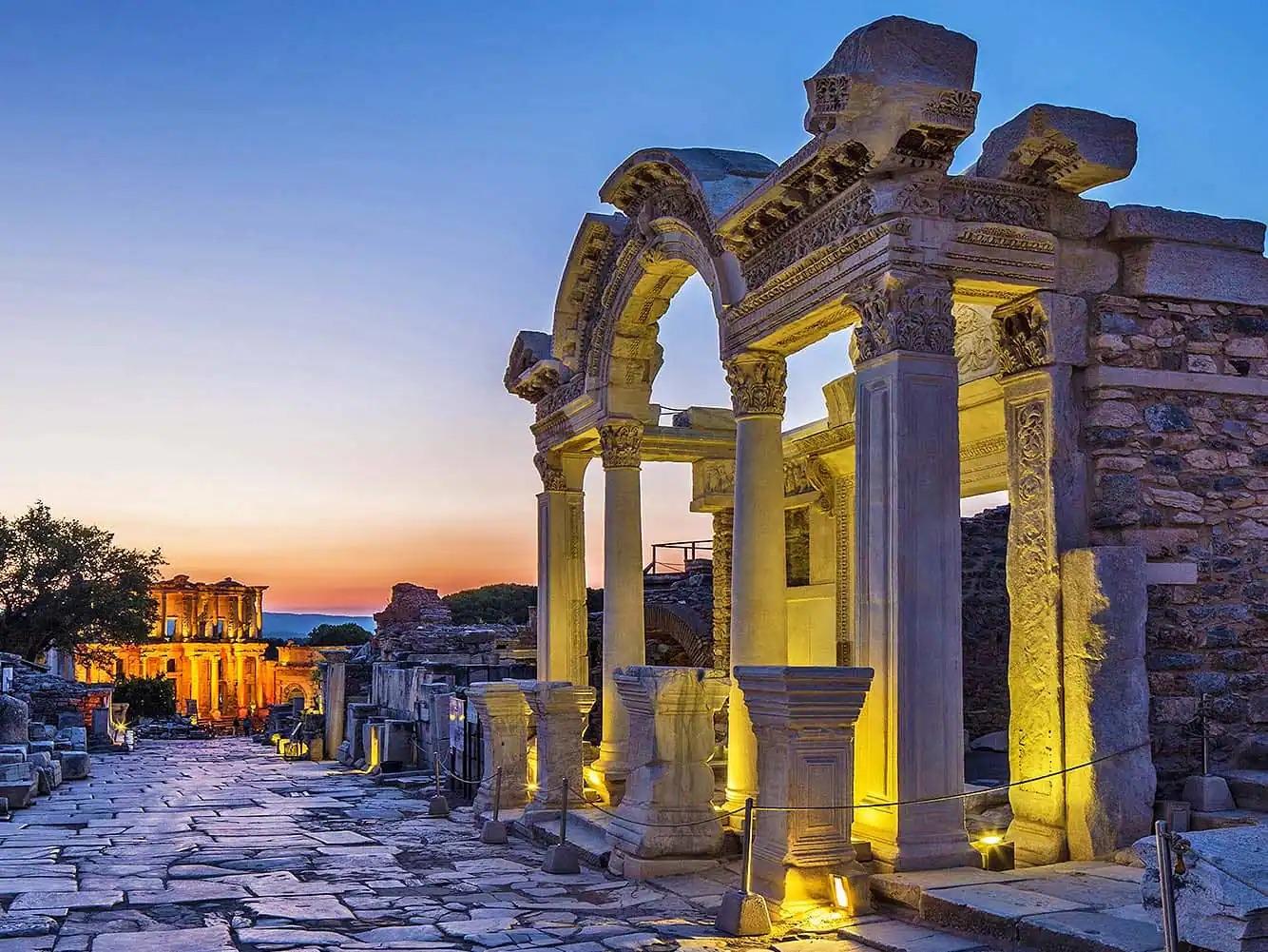 Ruins at Ephesus lit at dusk