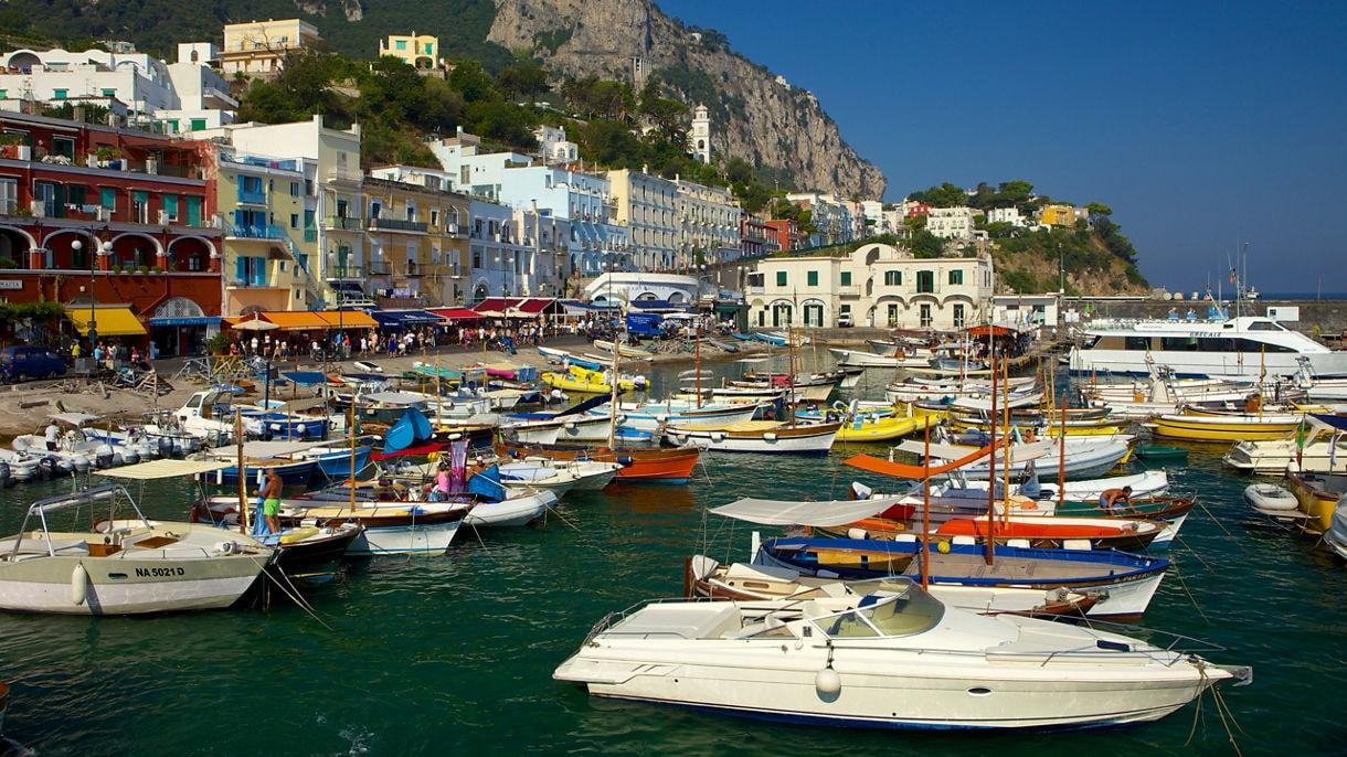 Boats moored in a harbour on the Bay of Naples