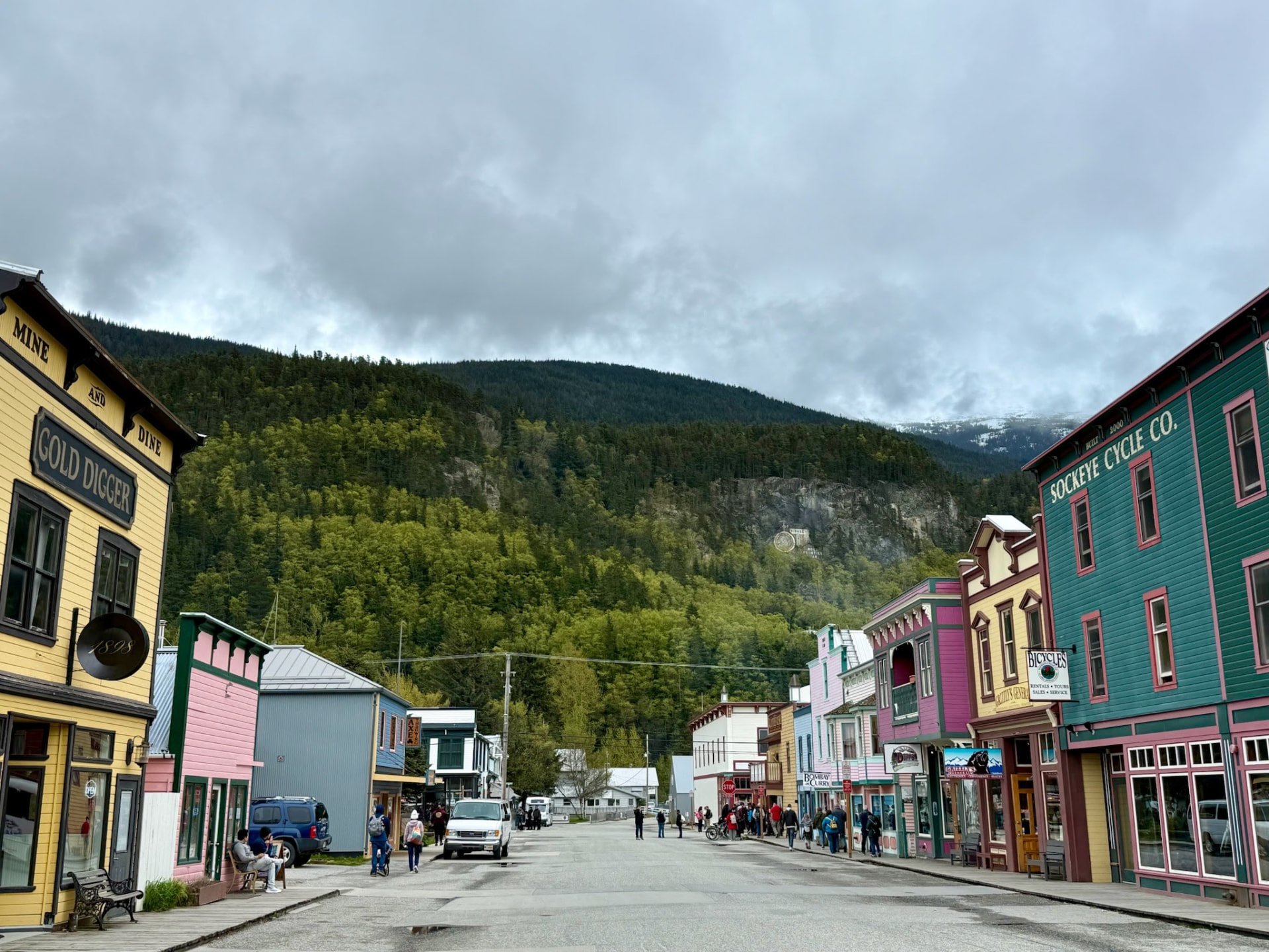 Colorful street in Skagway with historic wood-fronted buildings