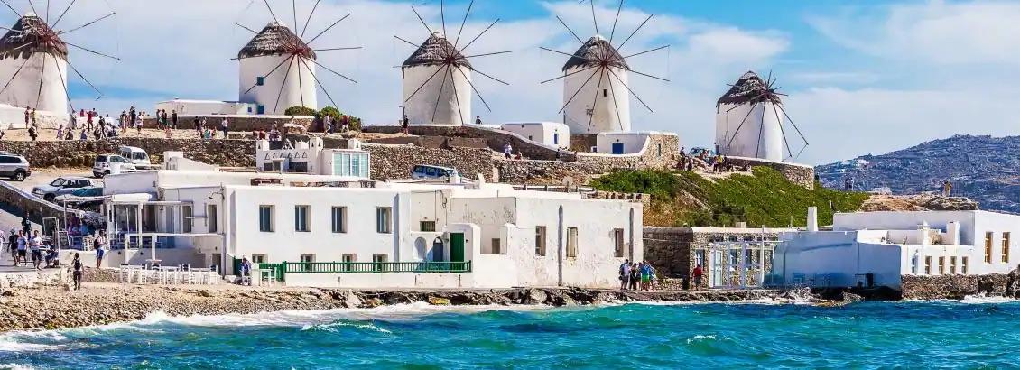Windmills above the waterfront on Mykonos