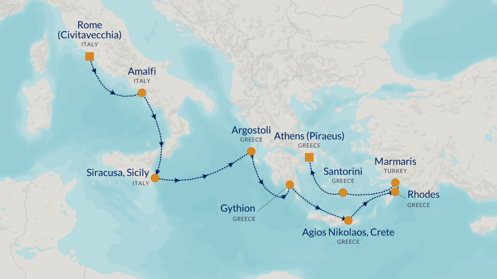 Map of the Azamara Rome to Athens itinerary
