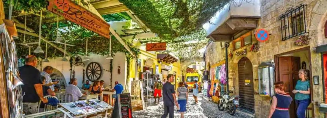 Shops along a street in the medieval old town of Rhodes