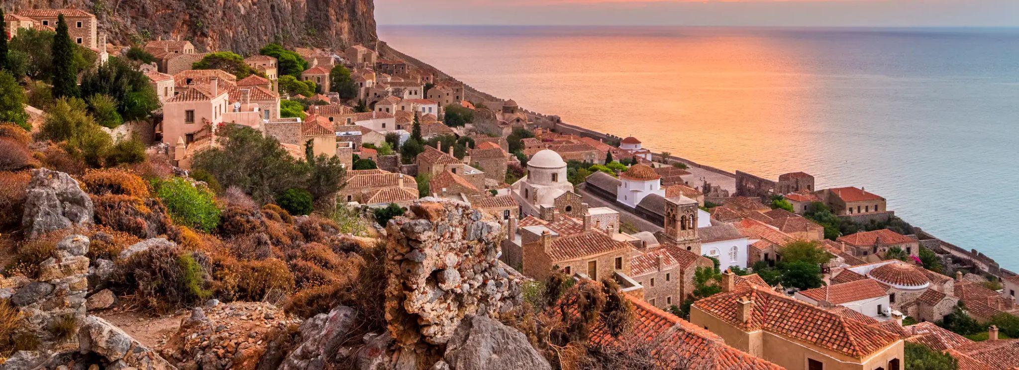 The fortified medieval town of Monemvasia built into a rock