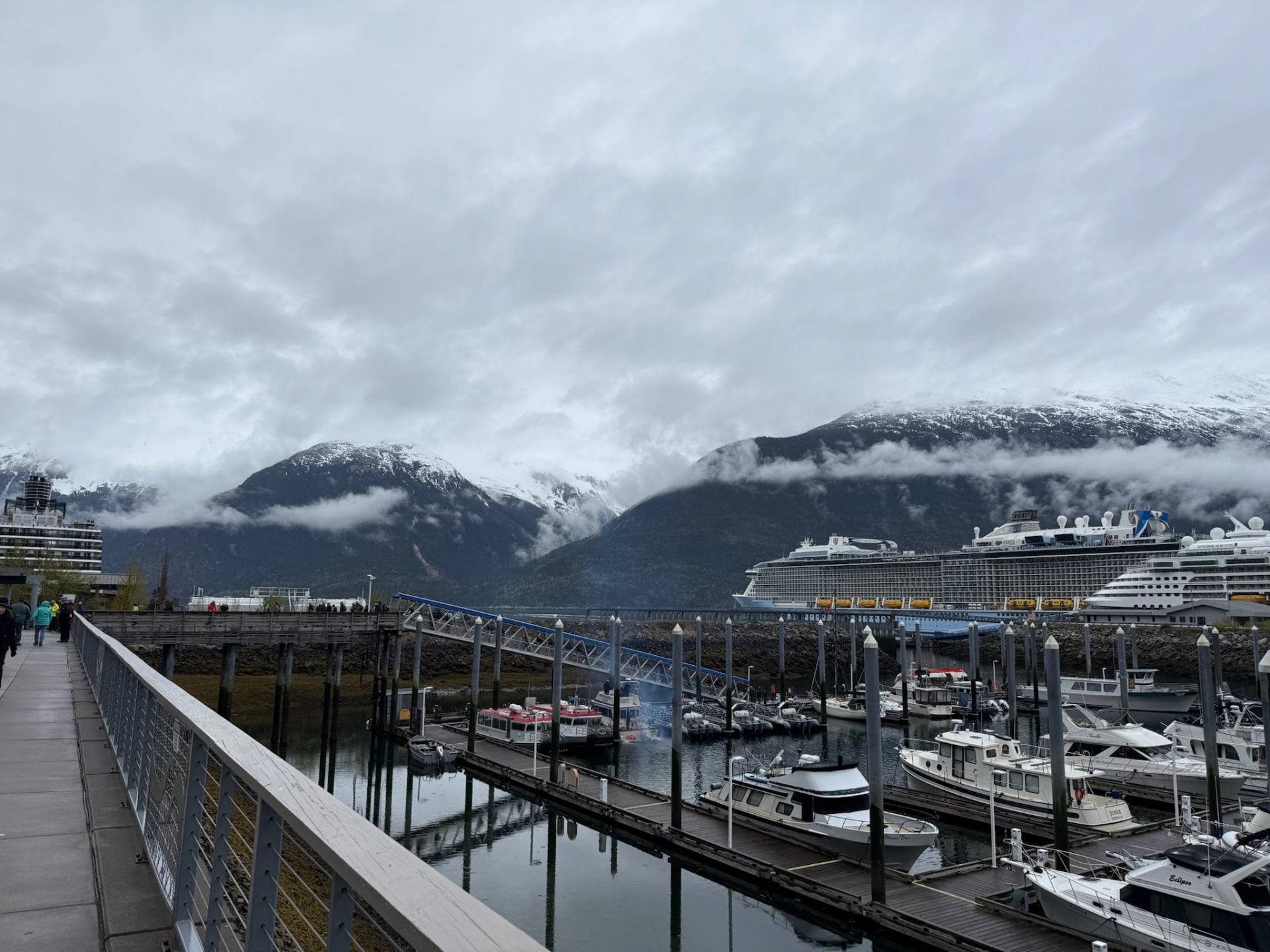 Misty view of Skagway harbor with cruise ships beneath snowy mountains