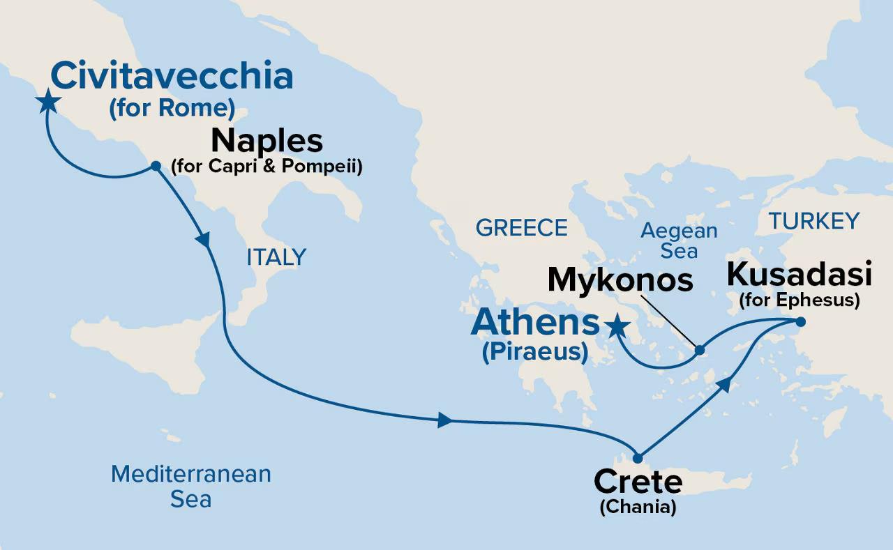 Map of the Princess Rome to Athens itinerary