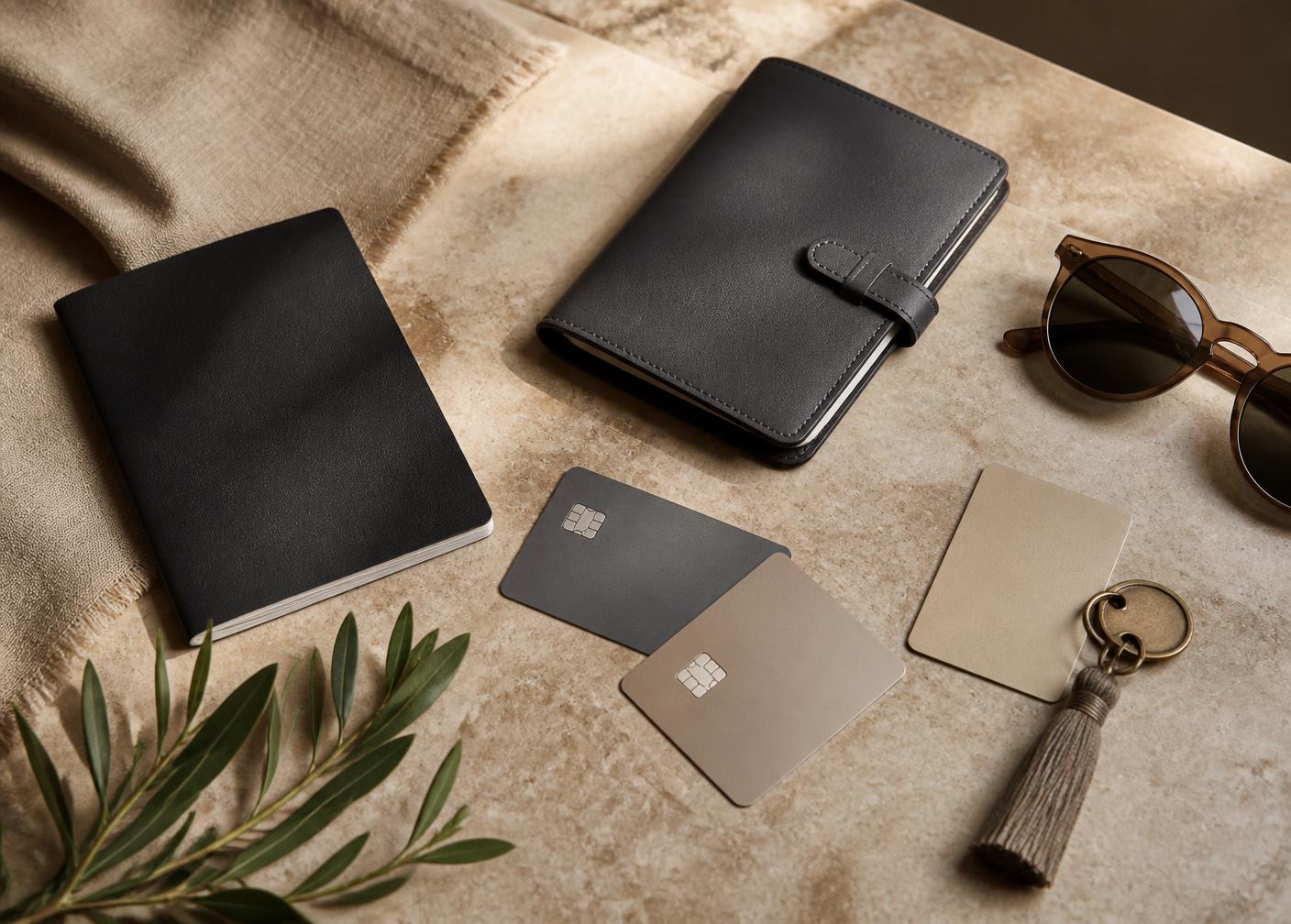 Passport, premium cards, itinerary notebook and hotel key card on a stone table