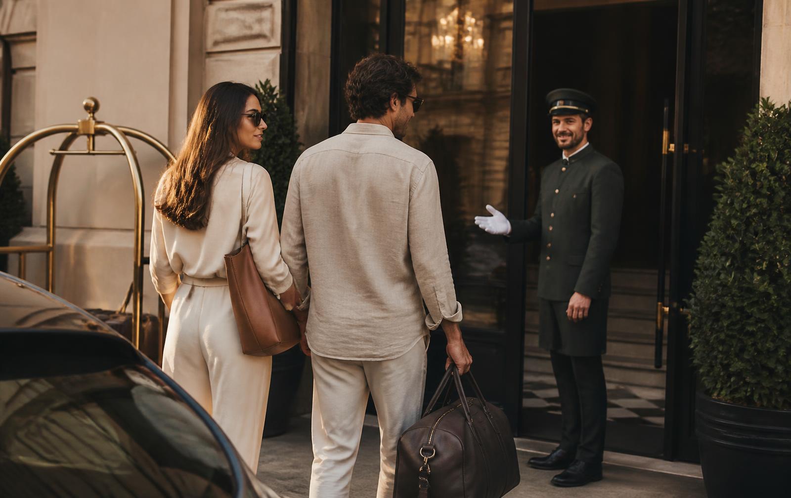 A couple arriving at an elegant hotel entrance, welcomed by a doorman