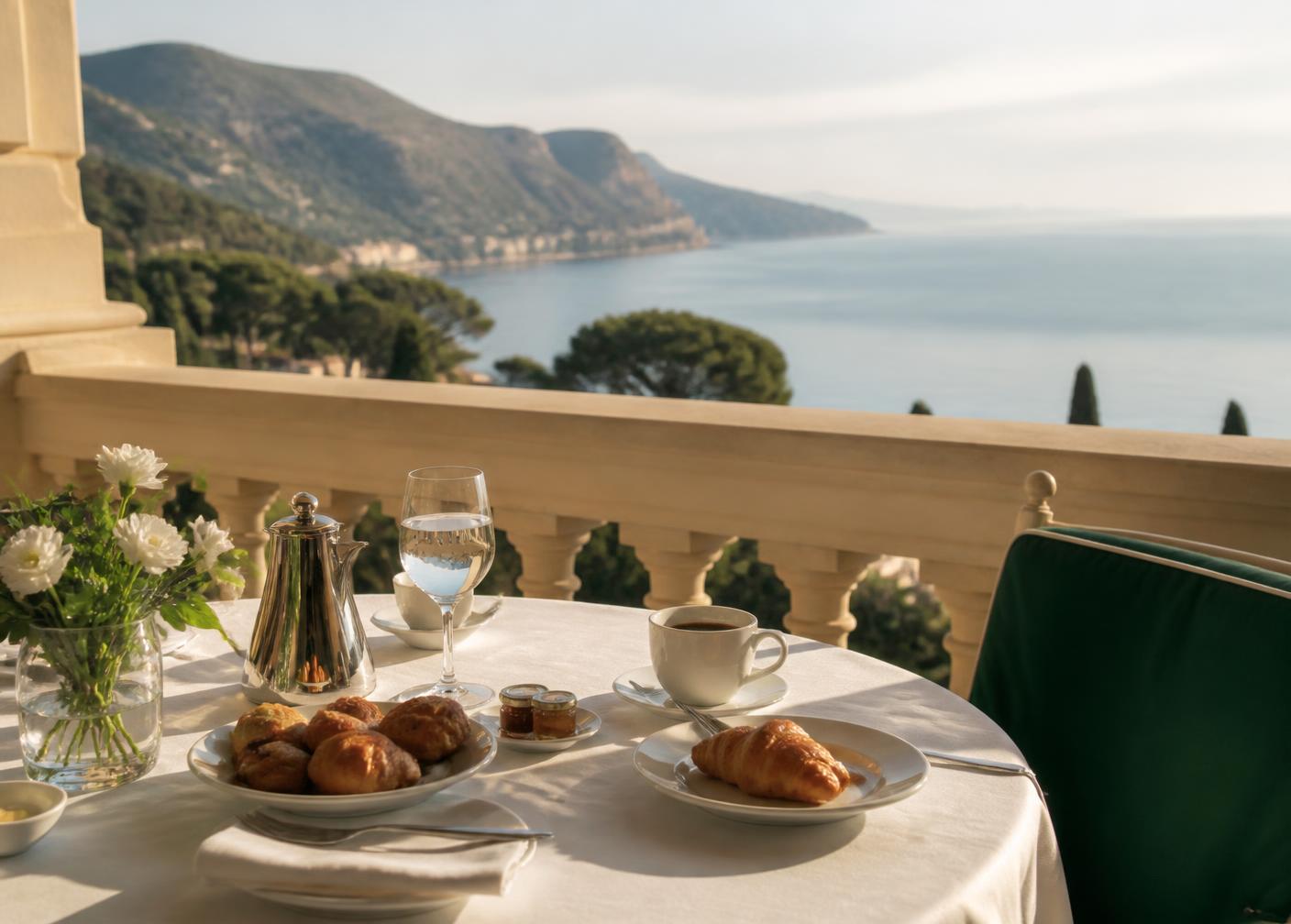 Terrace breakfast at a five star hotel overlooking the coast