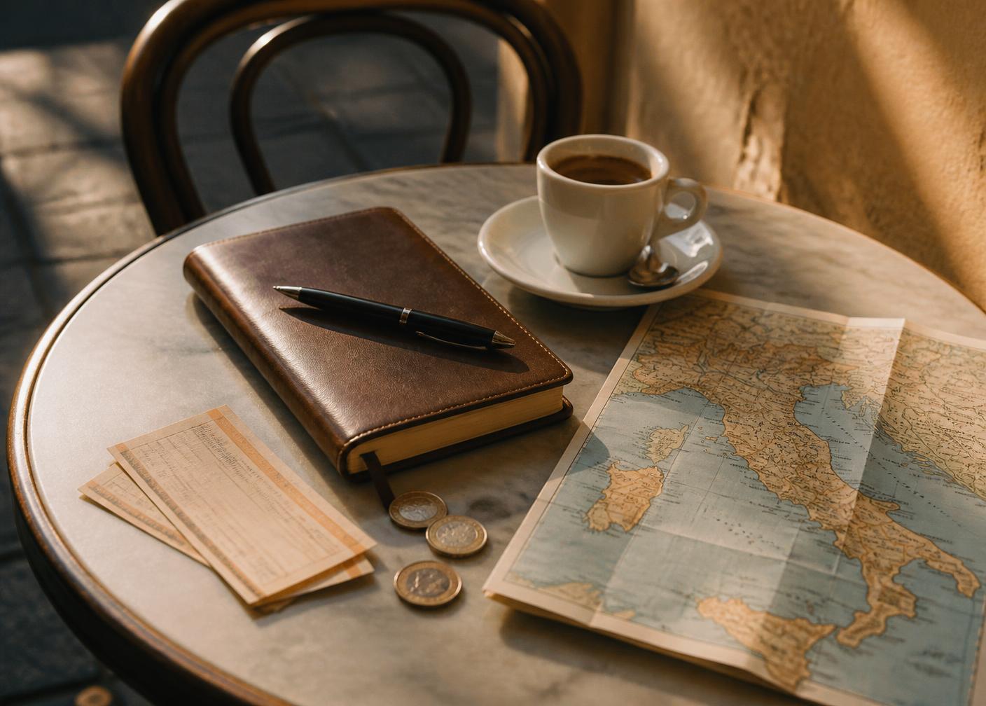 Espresso, a notebook, train tickets and a paper map of Italy on a cafe table
