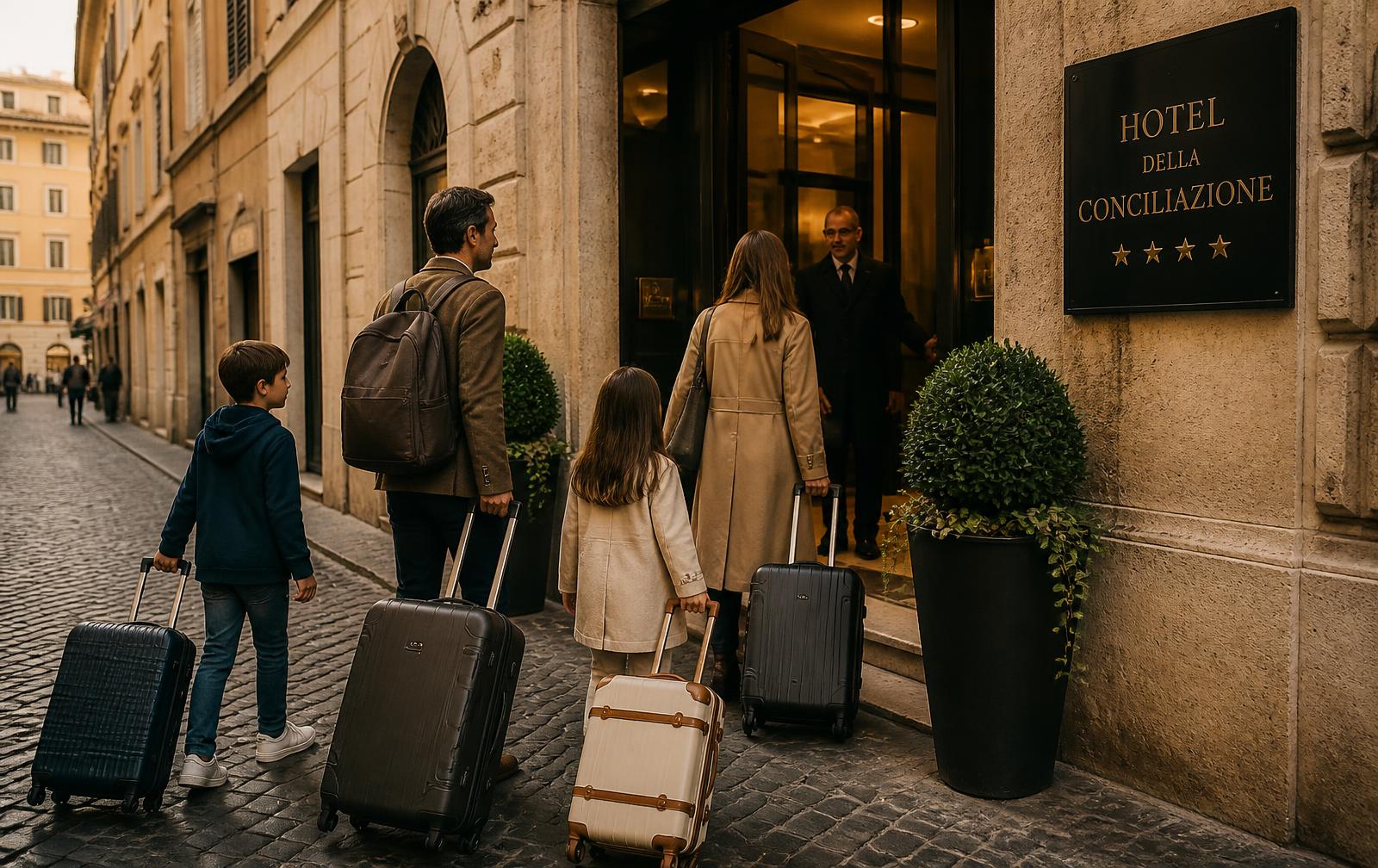 A family of four arriving with luggage at a four star hotel on a cobbled street in central Rome