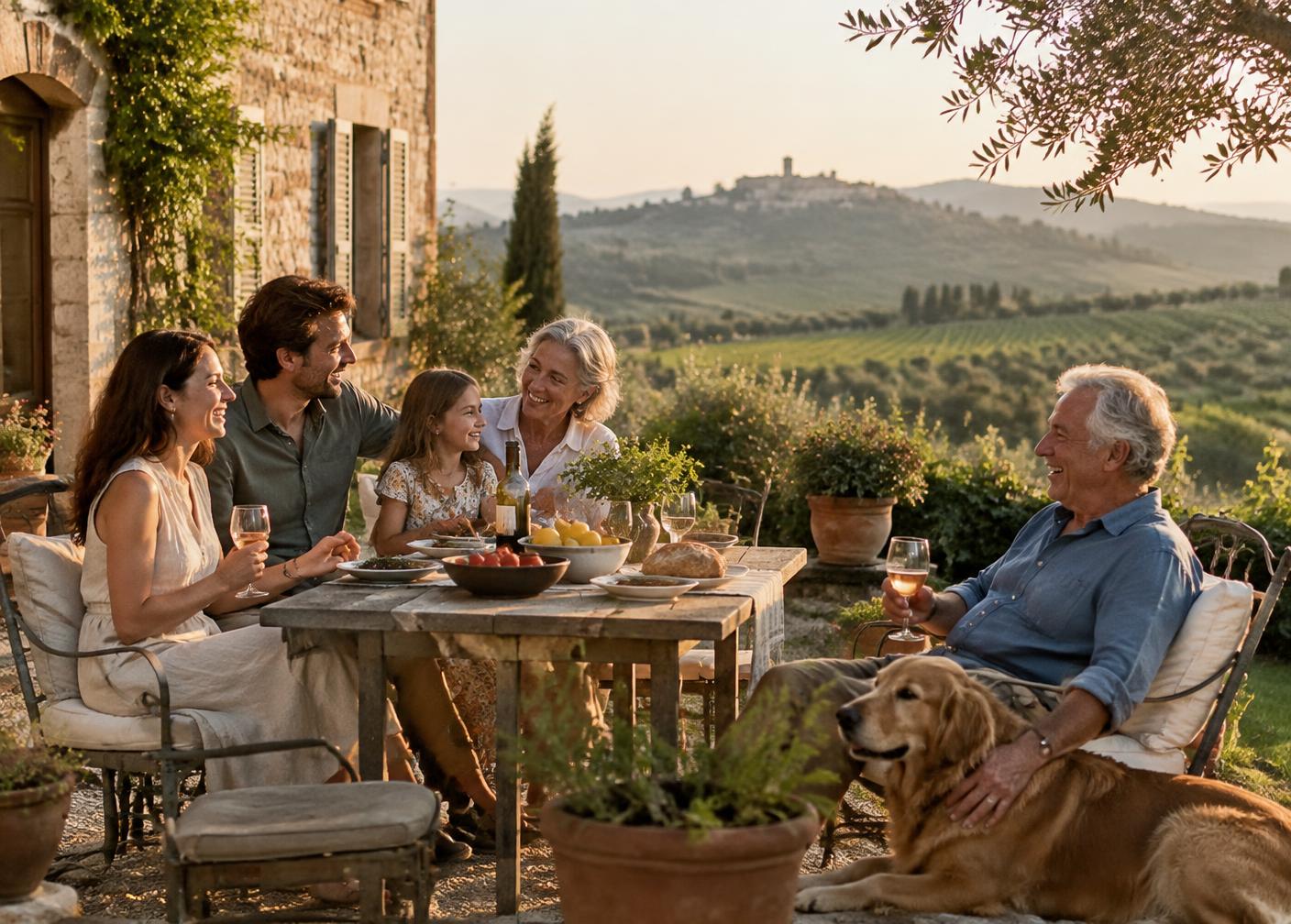 A multigenerational family relaxing in the garden of a stone farmhouse overlooking vineyards