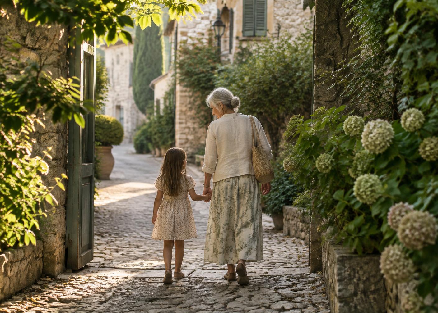 A grandmother and grandchild walking hand in hand through a quiet European garden lane