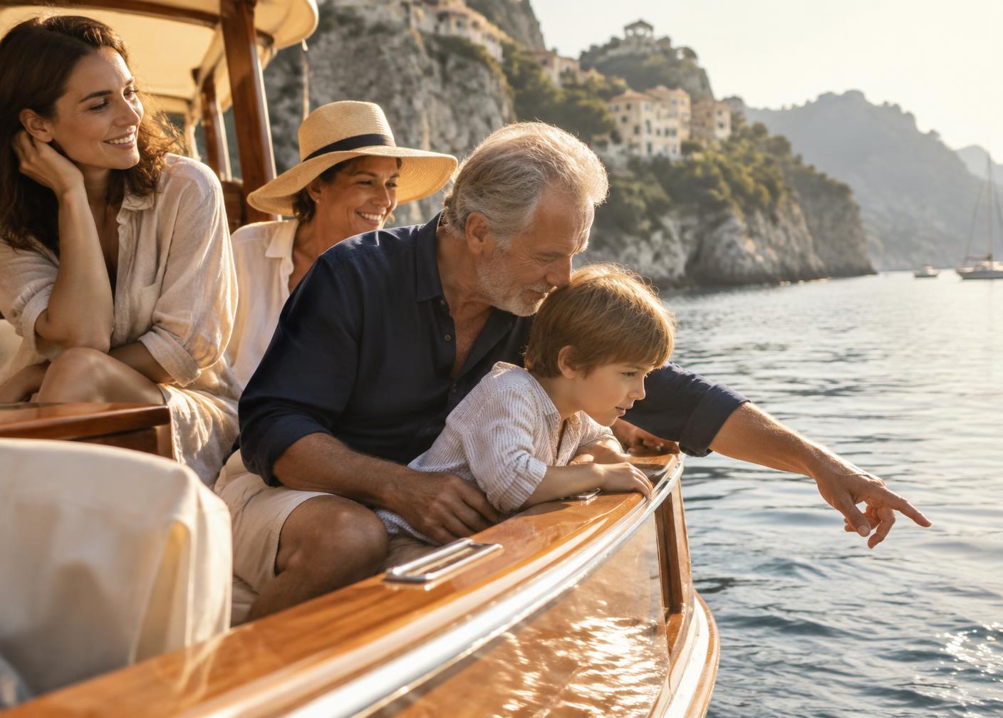 A grandfather and grandson looking out at the sea together from a wooden boat on a calm coastline