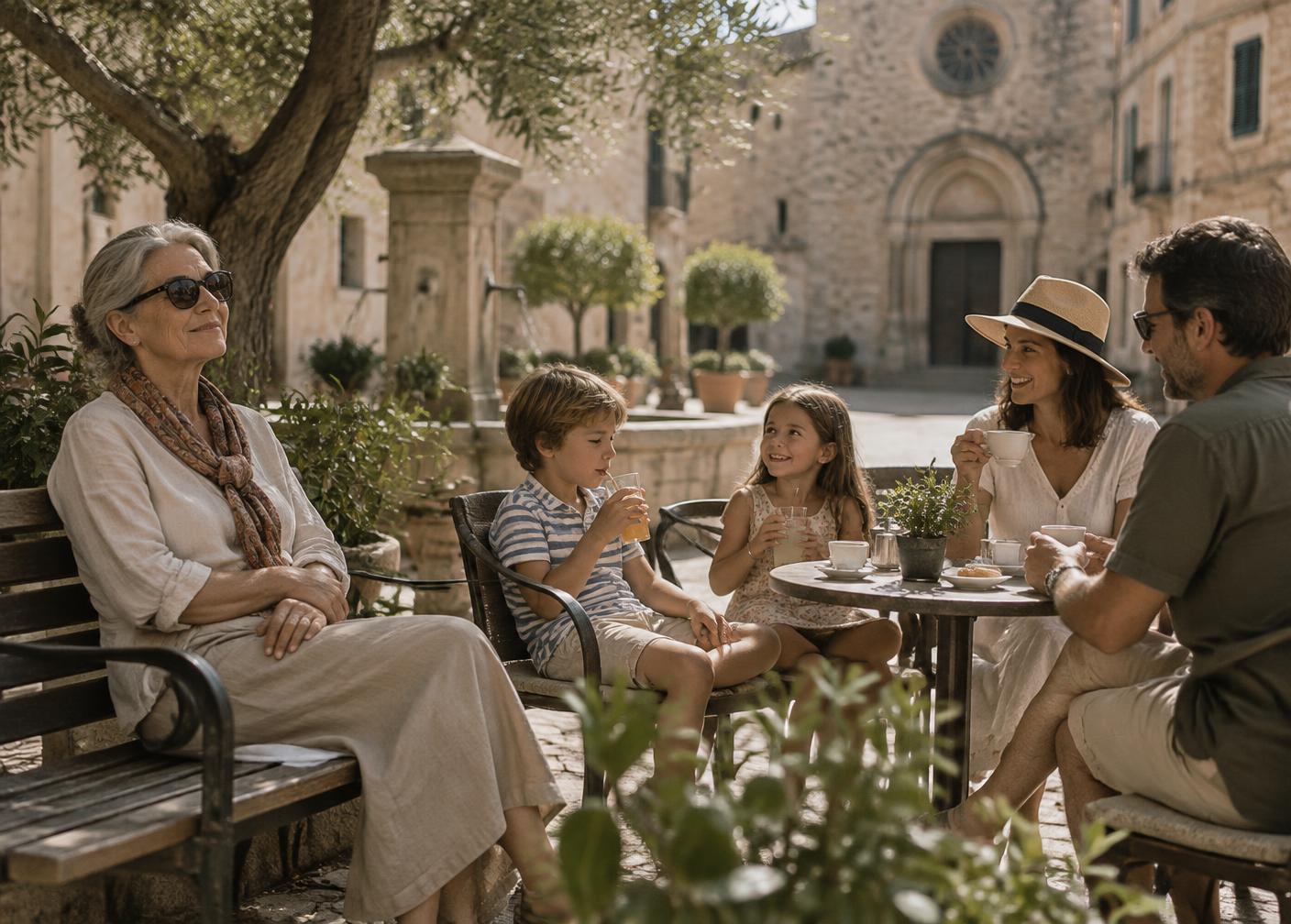 A grandmother resting on a shaded bench while parents and children take a slow café break on a quiet stone square