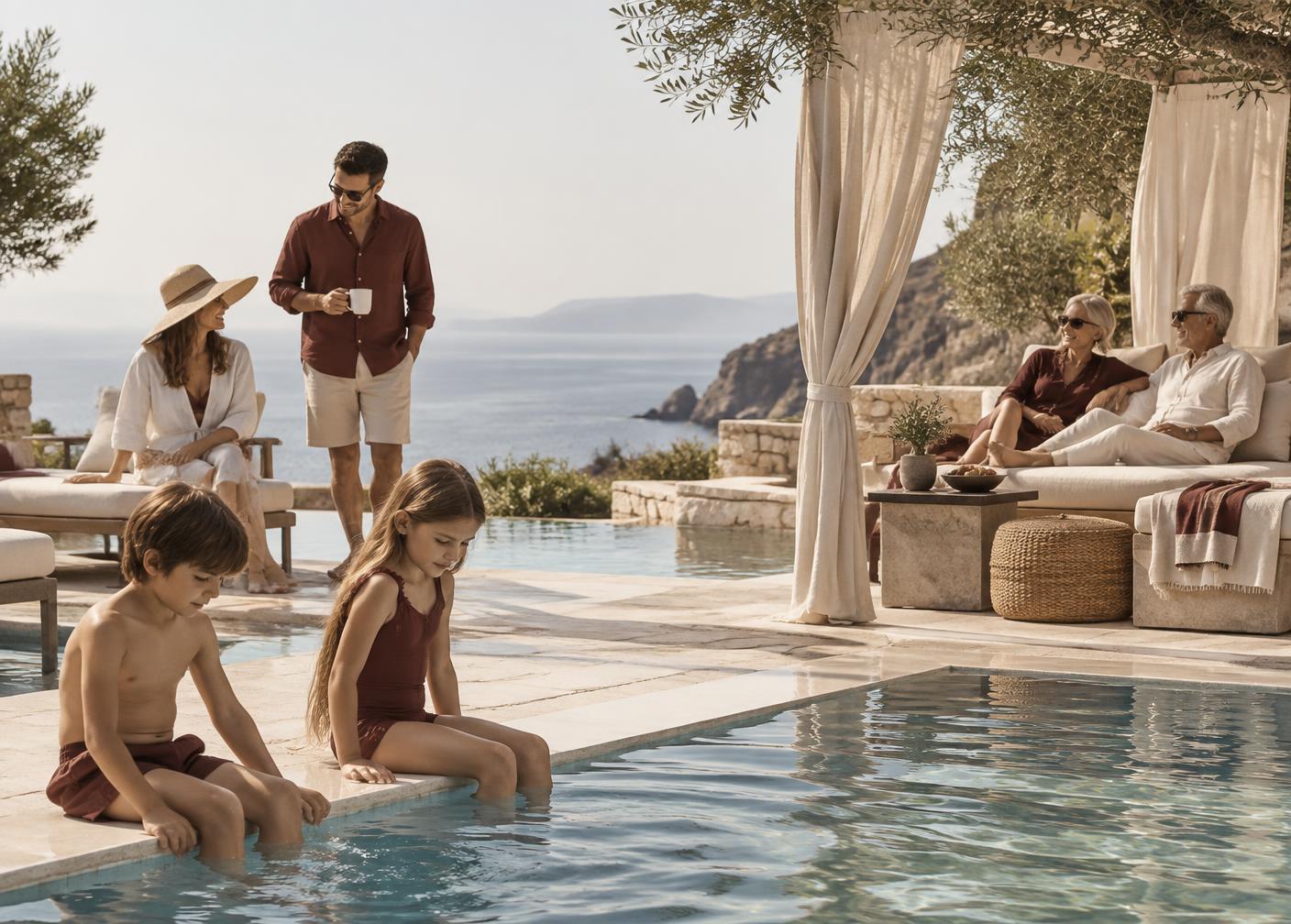 Three generations relaxing together beside a quiet coastal resort pool