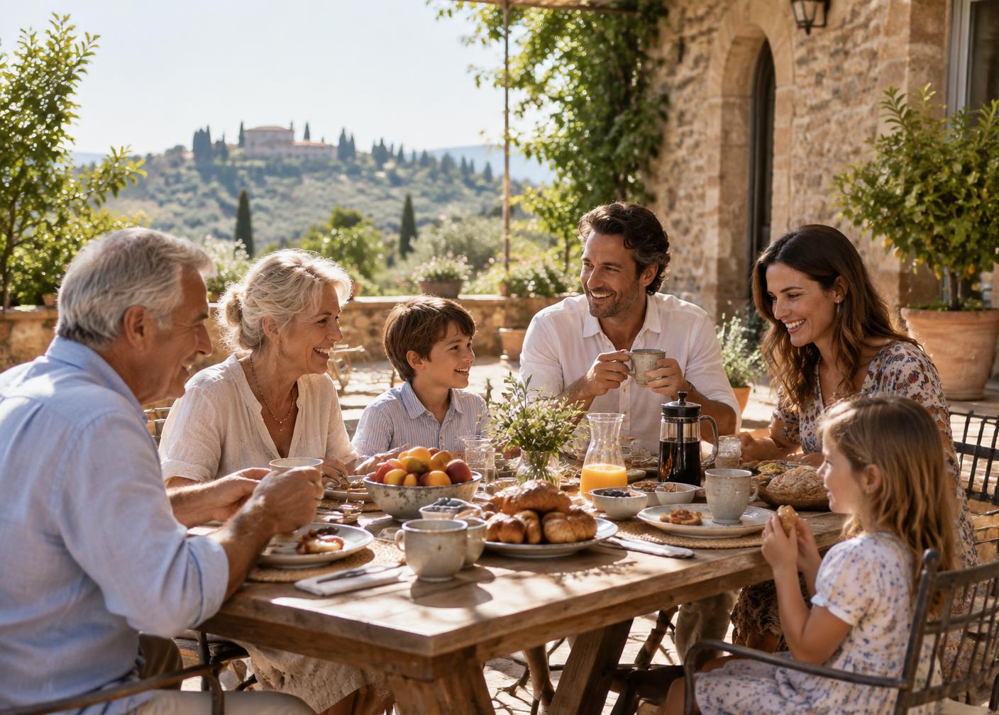 Three generations sharing a relaxed breakfast on a sunlit villa terrace above the countryside