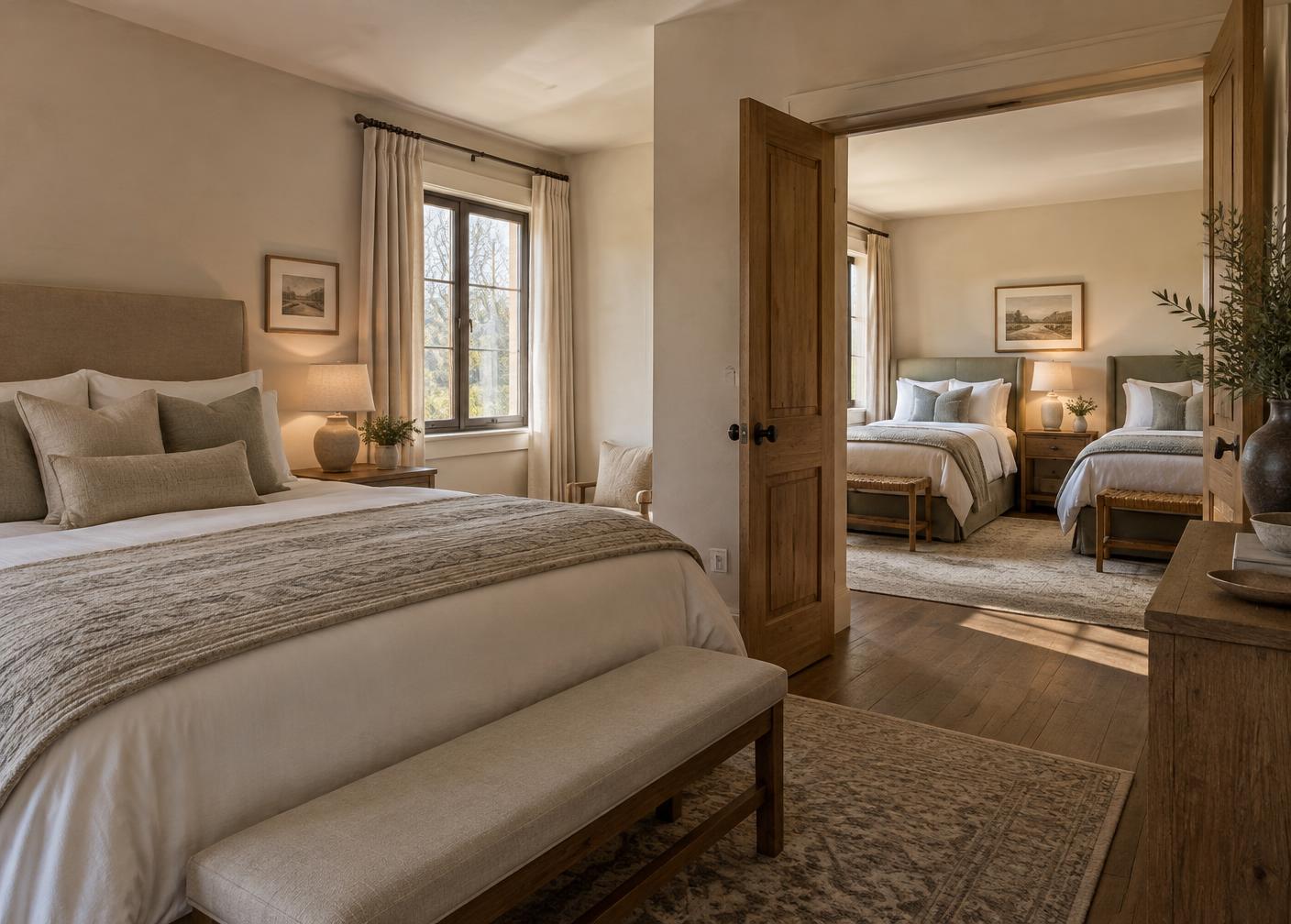 A warm boutique hotel suite with an open door connecting two sleeping areas