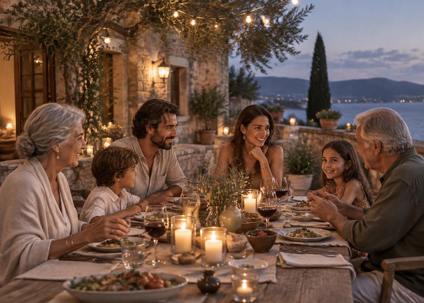 Grandparents, parents, and children sharing a relaxed dinner on a Mediterranean terrace