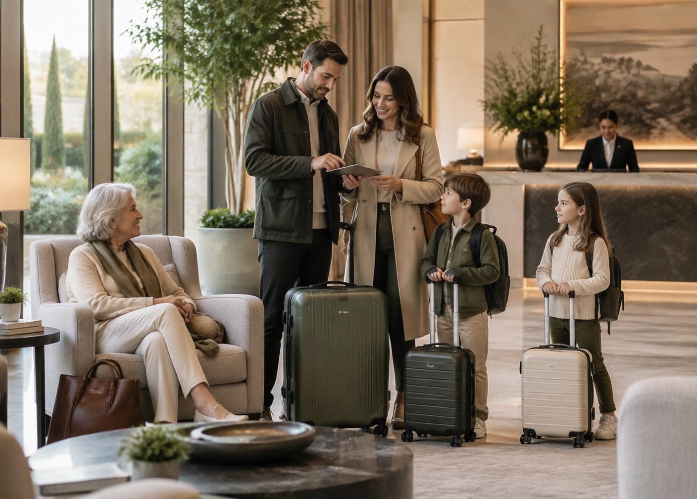 A family traveling calmly with their luggage in a refined hotel lobby