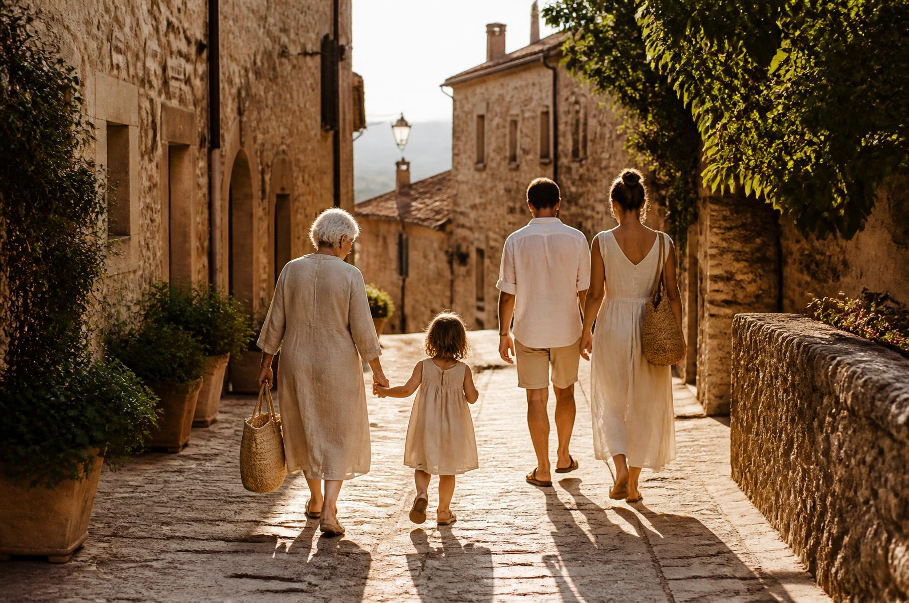 A family walking together through a warm European village setting