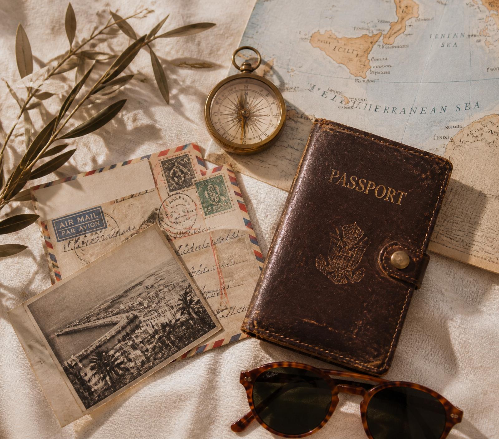 A leather passport, brass compass, and vintage postcards laid on warm linen